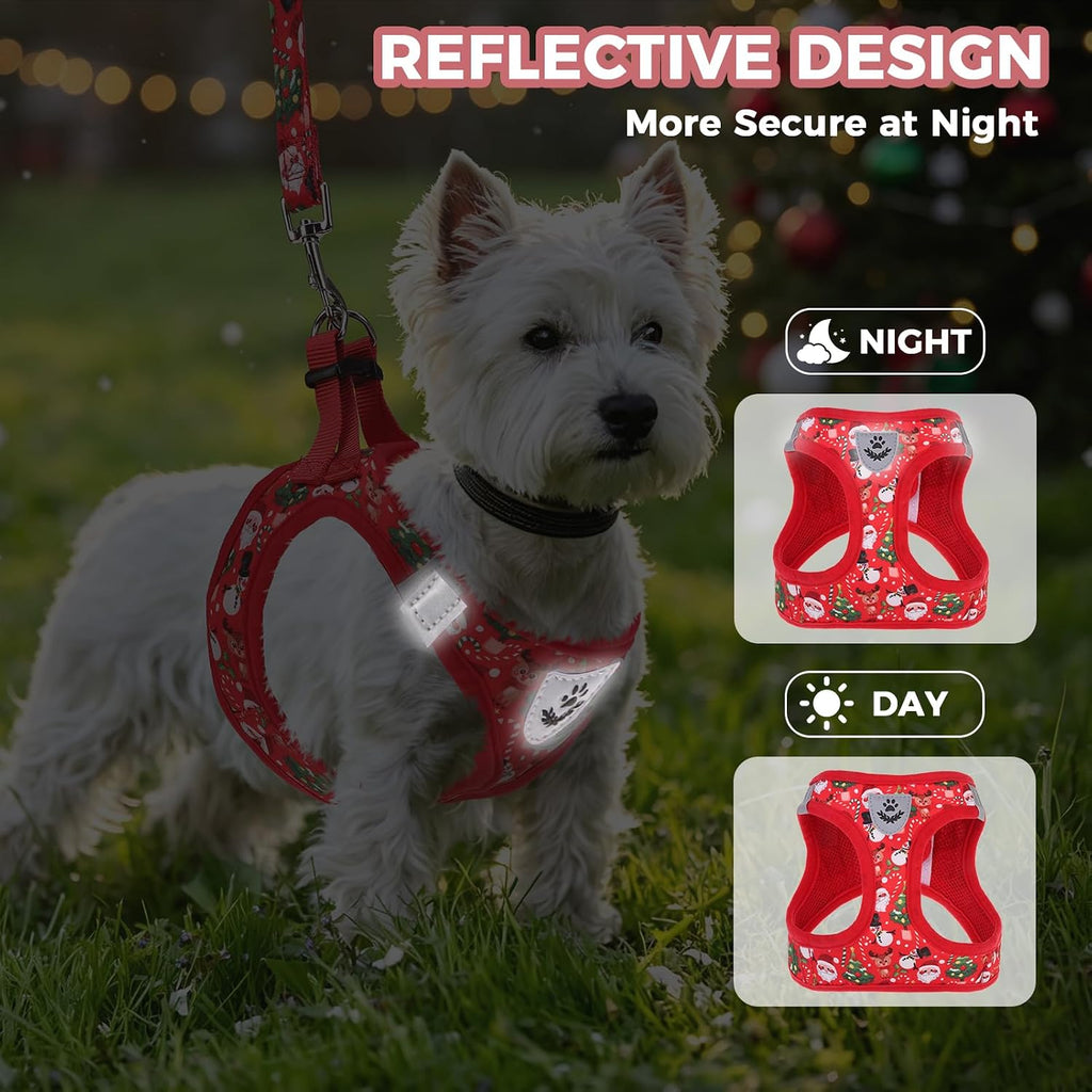 PAWCHIE Christmas Dog Harness and Leash Set, Step in No Pull Soft Pet Harness, Reflective Adjustable Puppy Vest for Medium Dogs,No Choke Harness Vest with Poop Bag Holder for Walking,Running, Red S