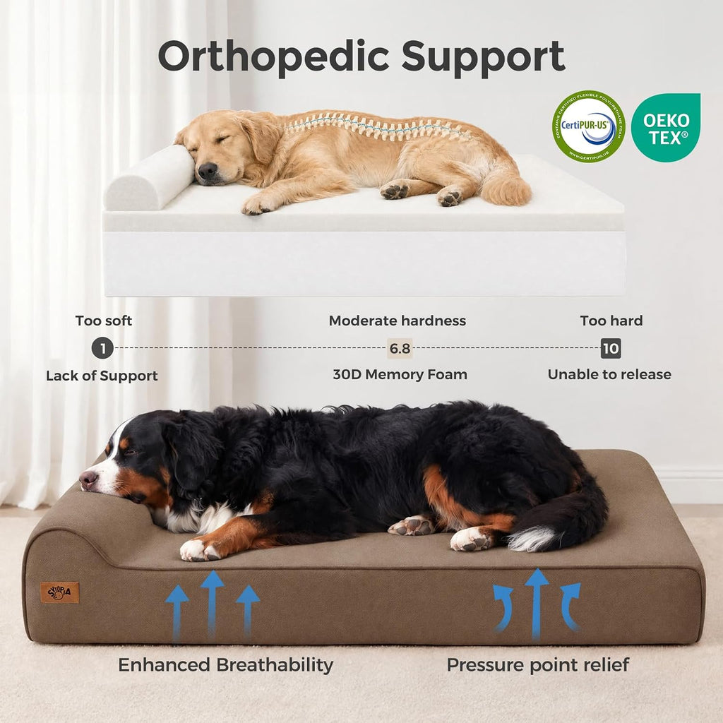 Sytopia XXL 35D Memory Foam Dog Bed for Extra Large Dogs – 7" Thick Orthopedic Pet Couch for Seniors and Big Breeds up to 150 Pounds, with Waterproof Liner & Washable Cover, 50"x 34"x 7", Brown
