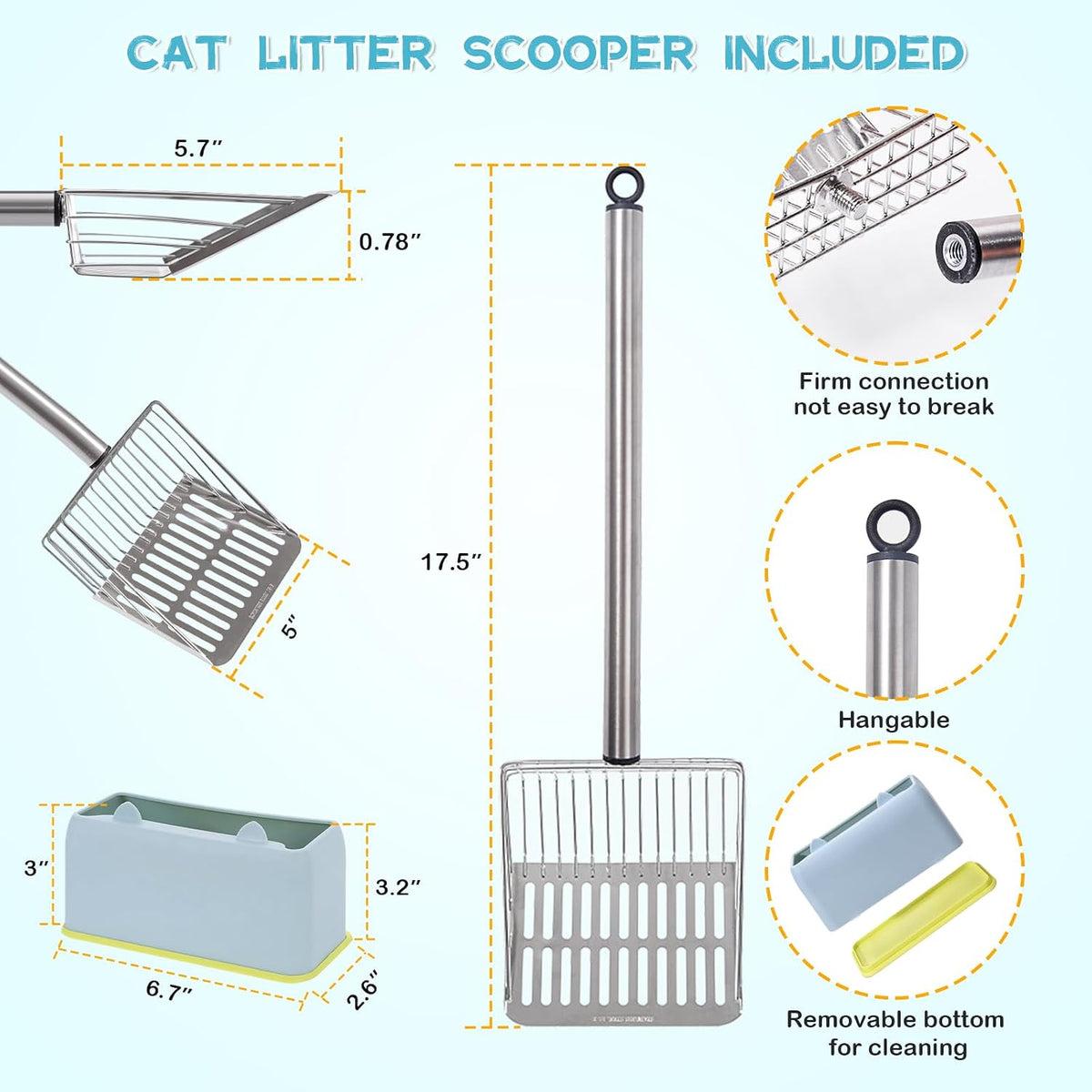 PETOCAT Metal Cat Litter Scoop with Holder Stainless Steel Kitten Poop Scooper, 17.5" Heavy Duty Pet Poop Sifter for Cat Box, Long Handle Large Waste Shovel, Fast Sifting Big Clumps, Solid & Durable