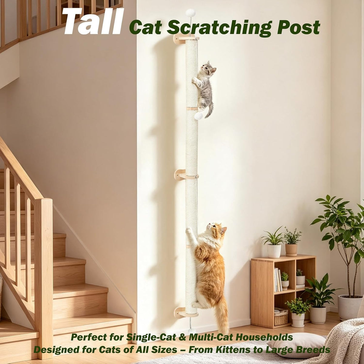 EMUST Cat Wall Scratcher 2 Pack 66", Tall Sisal Scratch Post for Large Cats