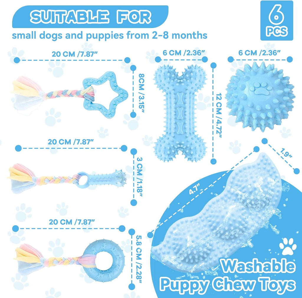Petcare 6 Pack Puppy Chew Toys - Blue, Soft Rubber Rope & Bone Ball Teething Toys for Small Dogs & Puppies, Including Yorkie