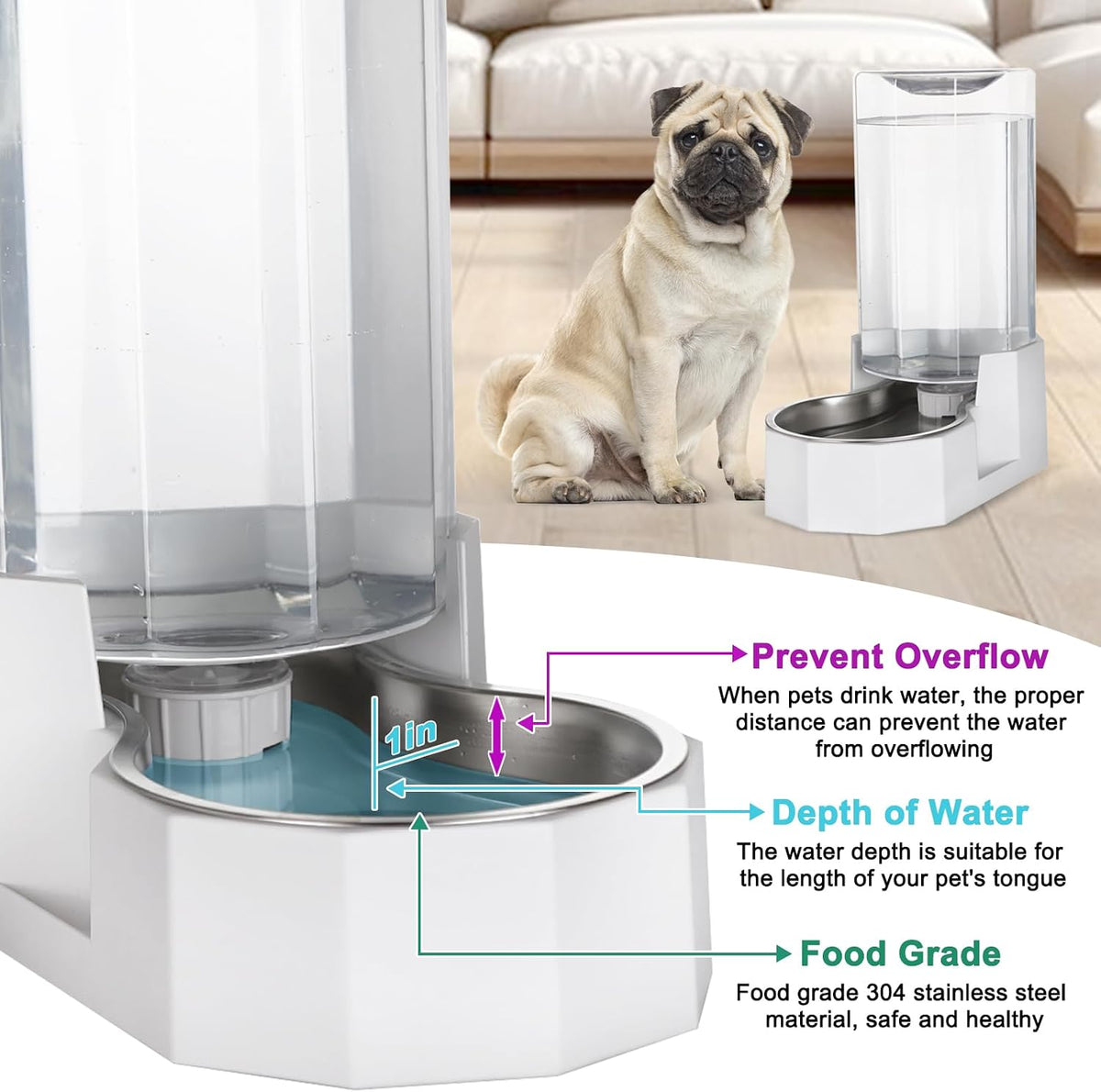 Sfozstra 8L Gravity Dog Water Dispenser:Stainless Steel Bowl