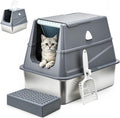 Stainless Steel Litter Box with Lid,Large Covered Enclosed Kitty Box,Enclosed High Sided Litter Box with Moveable Lid,Odor Free, Anti-Leakage with Litter Scoop for Kitty to Medium Cats(Grey)