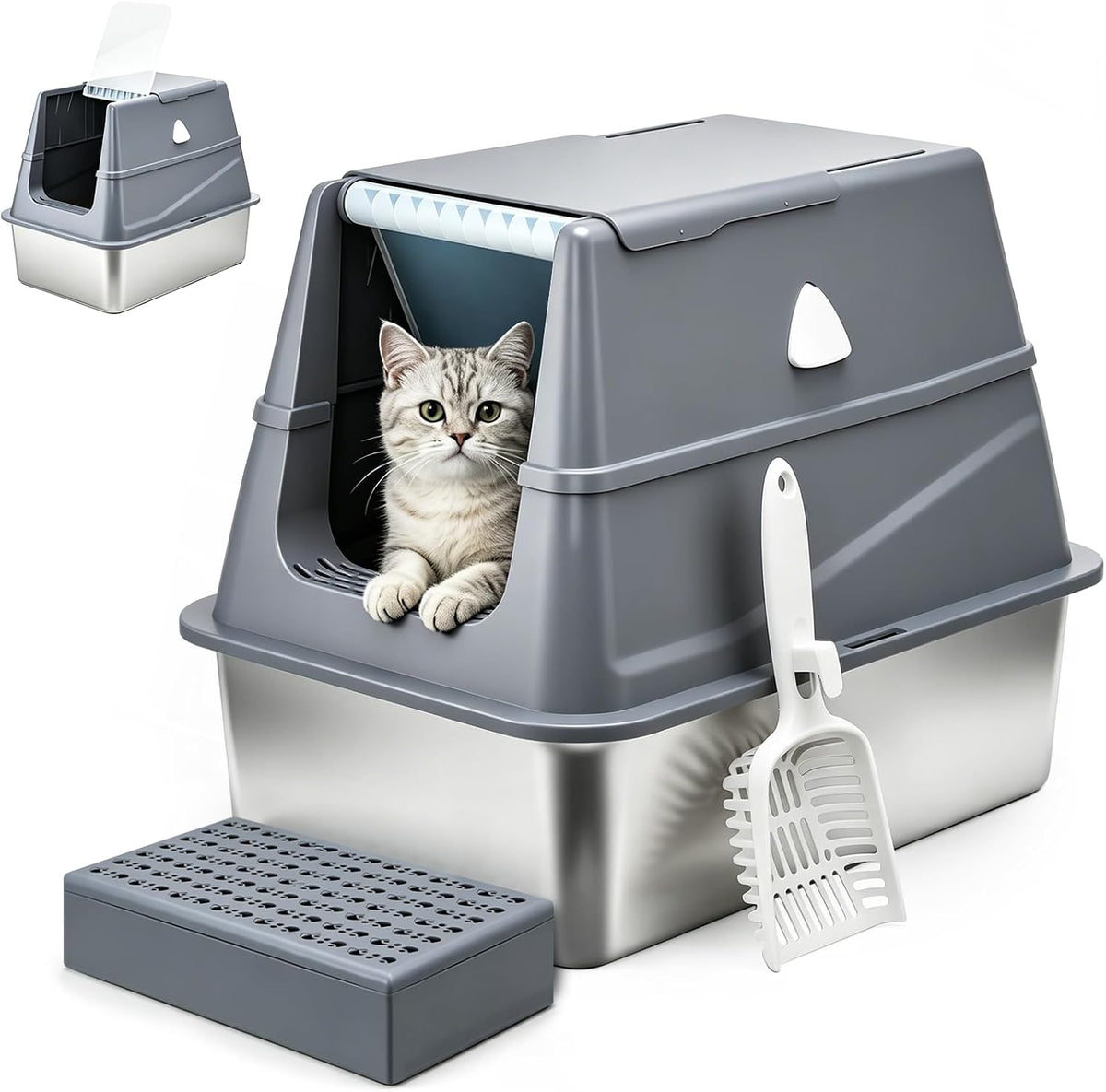 Stainless Steel Litter Box with Lid,Large Covered Enclosed Kitty Box,Enclosed High Sided Litter Box with Moveable Lid,Odor Free, Anti-Leakage with Litter Scoop for Kitty to Medium Cats(Grey)