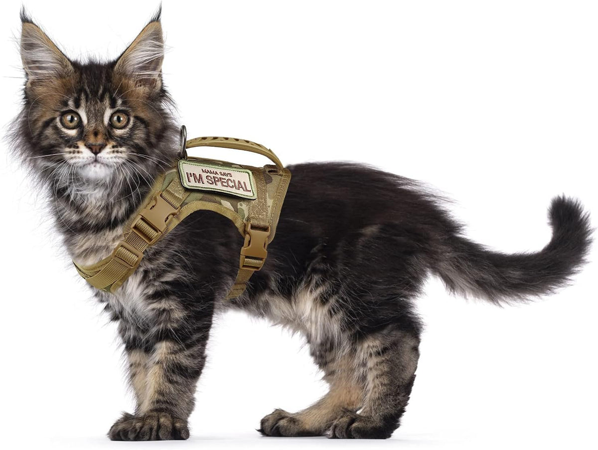 Tactical Cat Harness for Walking Escape Proof, Soft Mesh Adjustable Pet Vest Harness for Large Cat,Small Dog (L, Khaki)