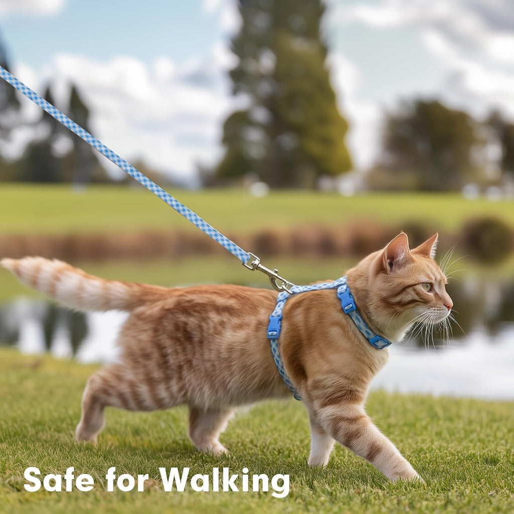 azuza Cat Harness and Leash Set, Escape Proof for Safe Walking, Blue Plaid