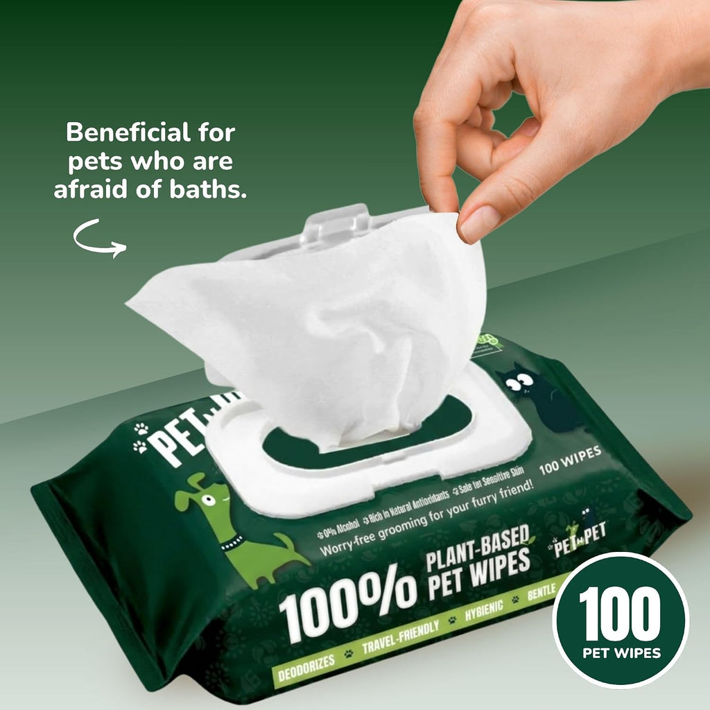 PET N PET 100% Plant Based Dog Wipes for Paws and Butt, 100 Counts Hypoallergenic Unscented Dog Pet Wipes, 8" x 8"