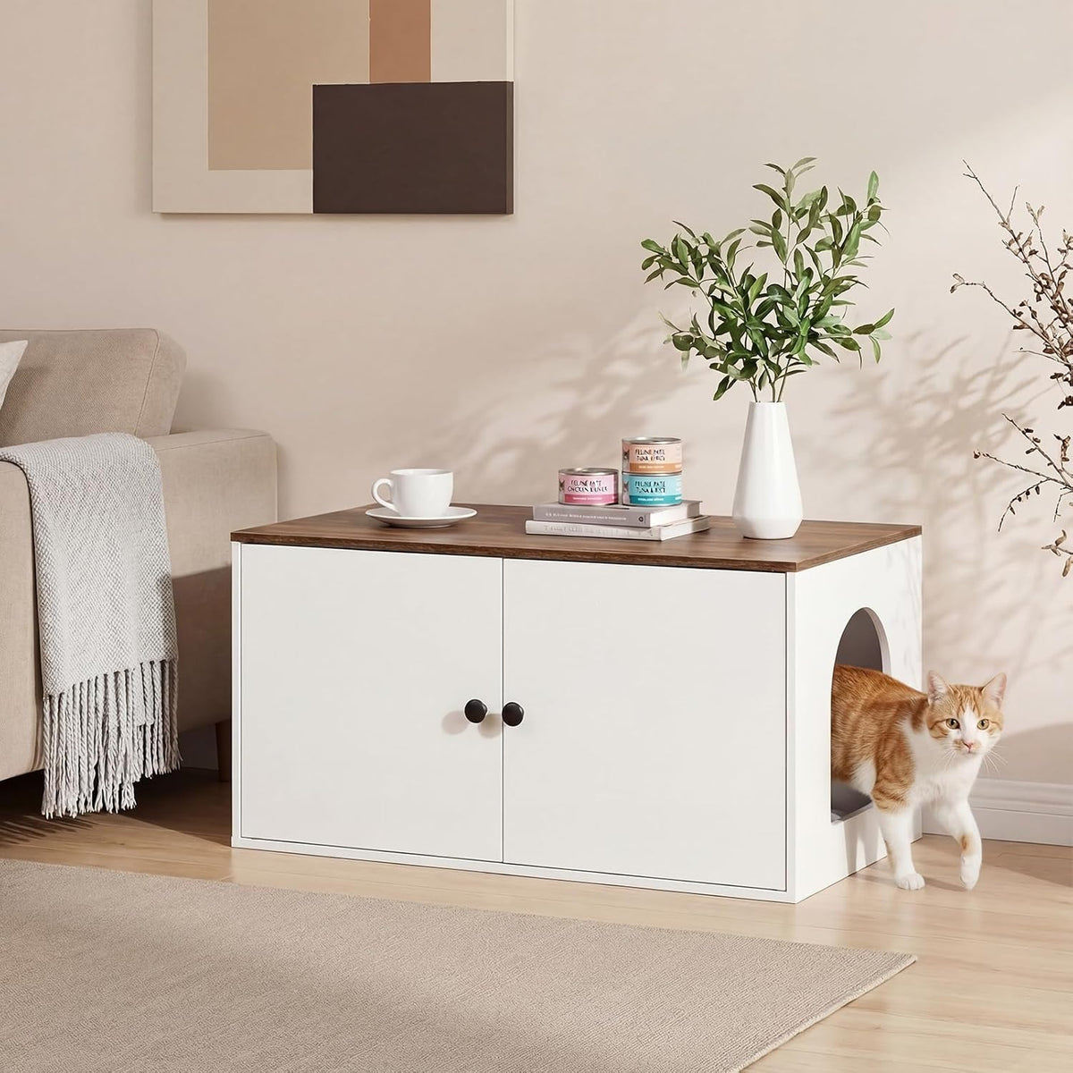 HOOBRO Cat Litter Box Enclosure, Hidden Litter Box Furniture with Side Entry, Litter Box Cabinet, Indoor Cat House, End Side Table, 31.5" L x 17.7" W x 16.3H, for Bathroom, White and Walnut WH40MW01