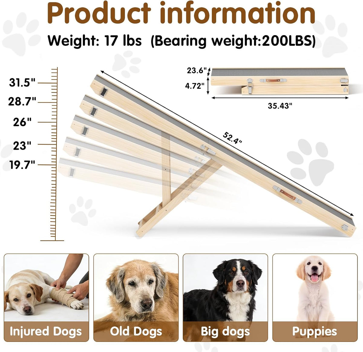 Foldable Dog Ramp for High Beds & SUVs, 63 Inch with High-Traction Mat. Adjustable Height (19.7"-31.5") for Medium, Large & XL Dogs - Portable Pet Stairs Alternative