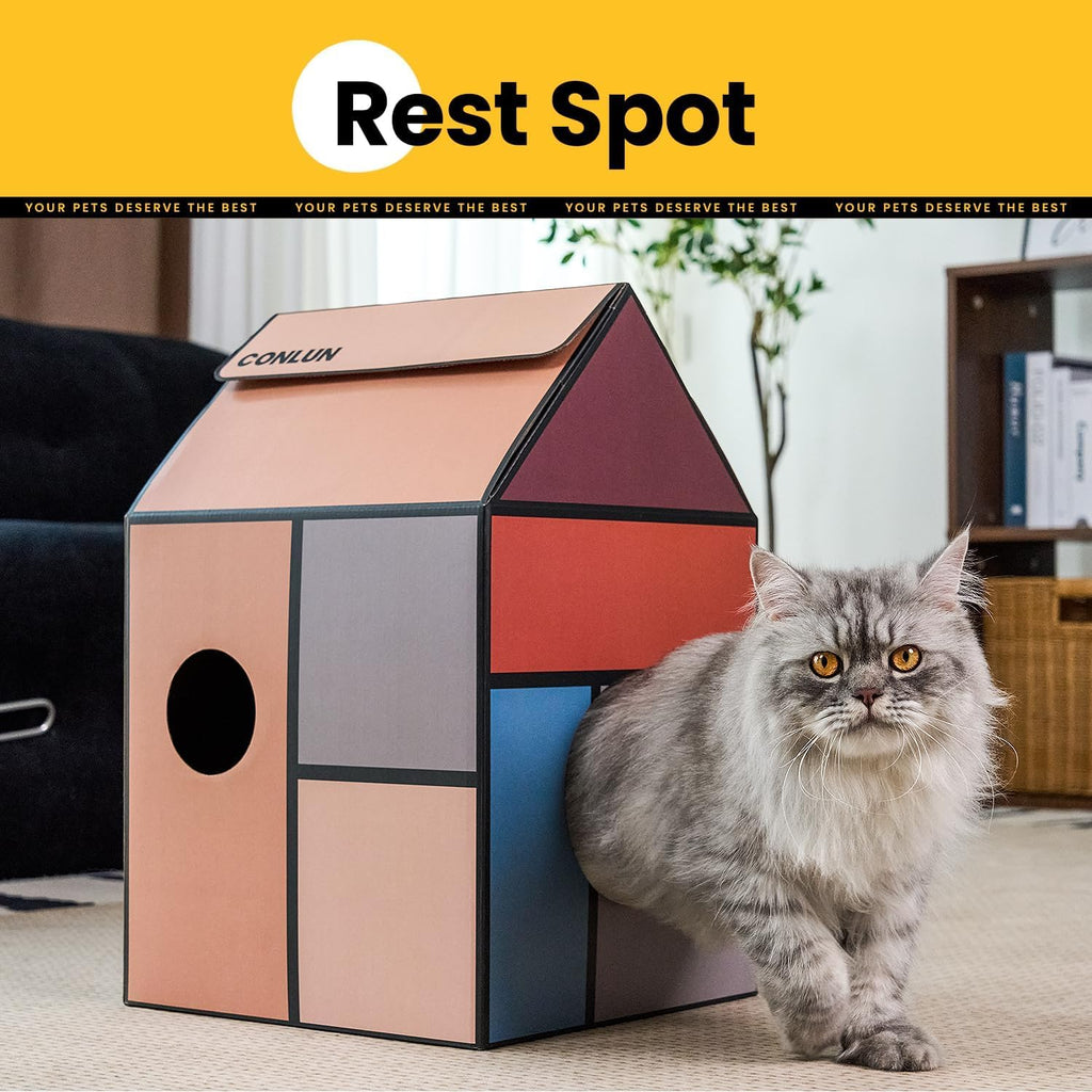 Conlun 2-in-1 Cat House Cardboard Scratching Pad Indoor Cave <13 lbs
