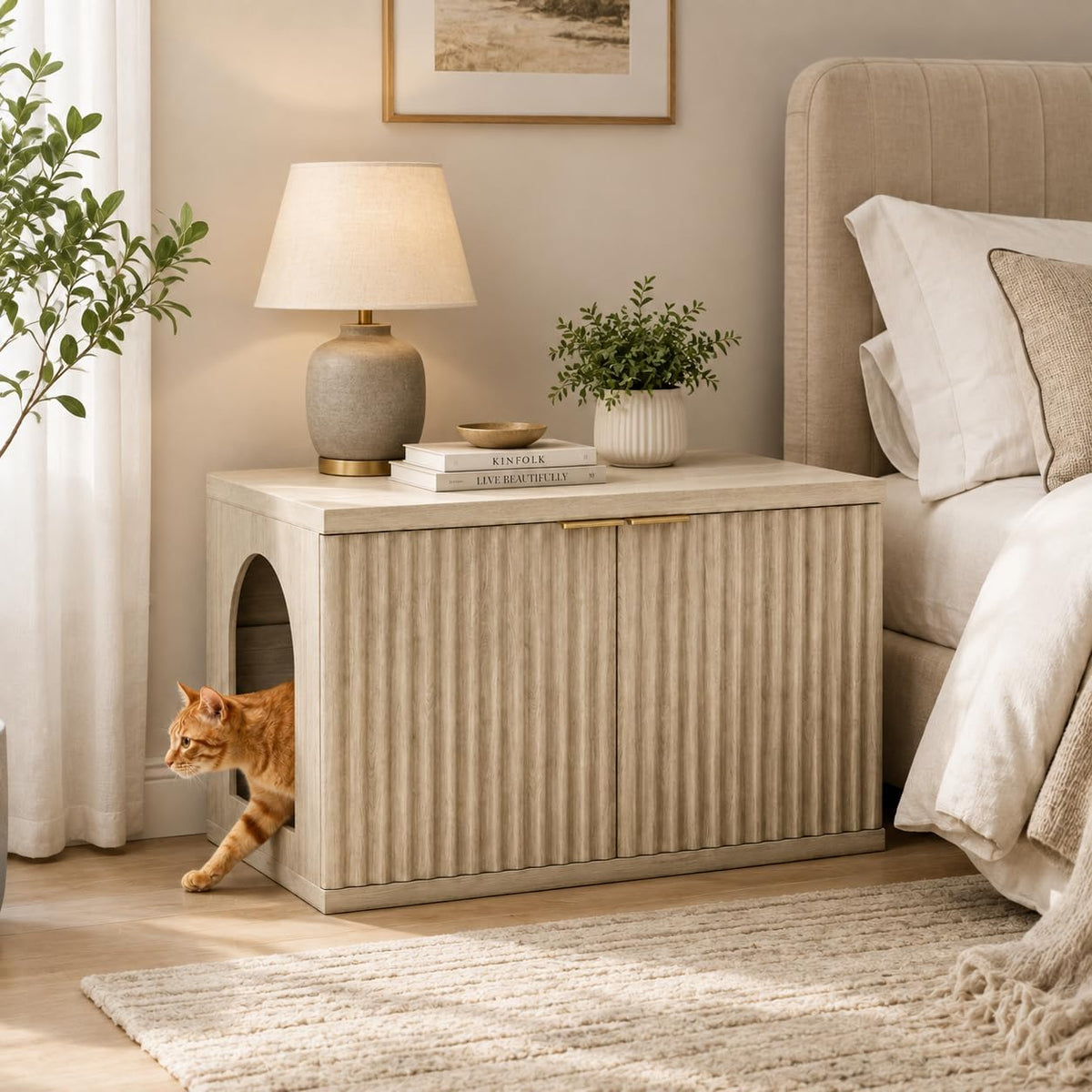 Homhedy Cat Litter Box Enclosure,Modern Fluted Accent,Cream Gray