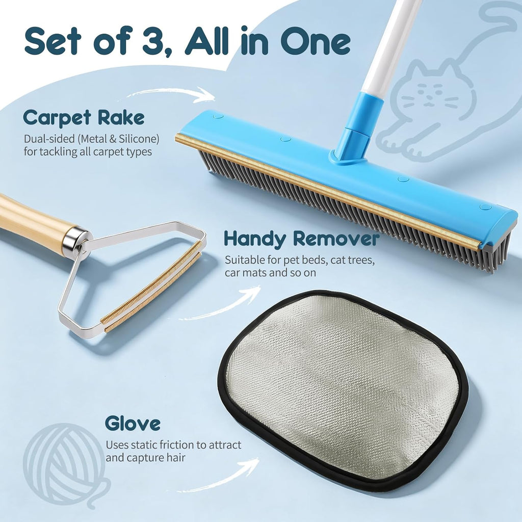Hippih Carpet Rake for Pet Hair Removal Tool - 60" Reusable Long Handle Set