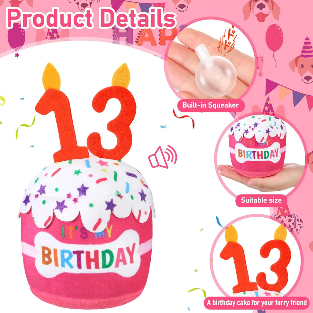 Dansydaisy Dog Birthday Cake Toy Squeaky Plush Gift,13th,Pink | Interactive Squeaky Gift for Dogs, Dog Birthday Decor , Soft Chew for Small Medium Large Pets, Cake Design with Candle