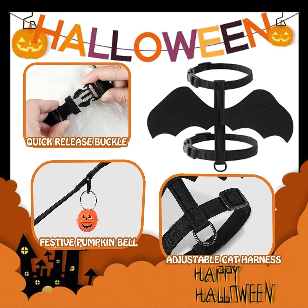 LeLehome Halloween Costume Pet Harness and Leash Set for Cats & Dogs - Cute Bat Wings with Pumpkin Jingle Bell, Adjustable Straps for Kitten, Puppy, Rabbit, Party Cosplay Accessory (S)