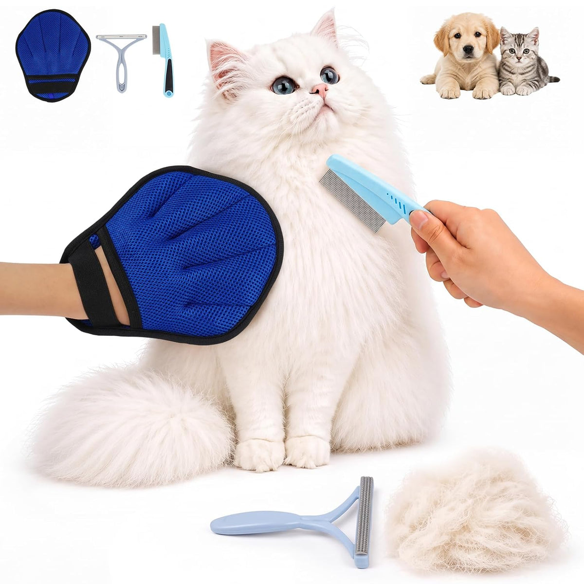3PCS Pet Hair Removal Glove Set with Grooming Mitt, Comb & Fur Remover Tool