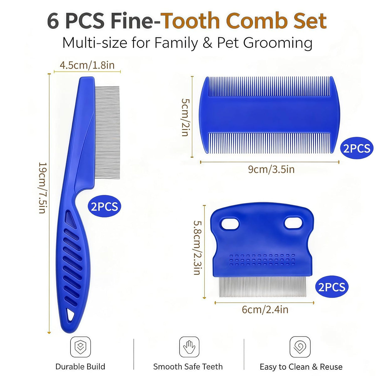 6 Pack Flea Lice Comb, Stainless Steel Fine Tooth for Dogs & Cats