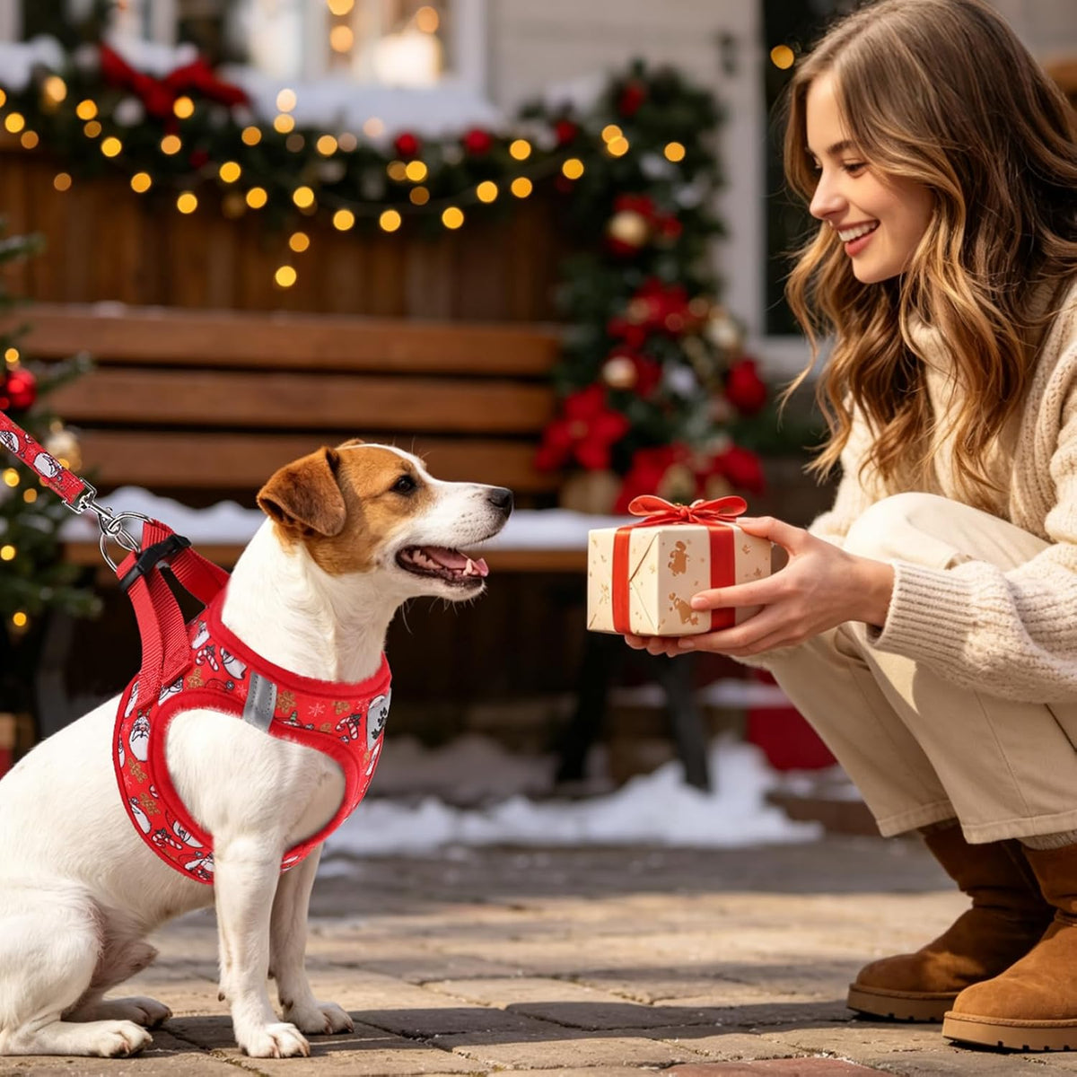 SCENEREAL Christmas Small Dog Harness Collar and Leash Set, Step-in No Pull