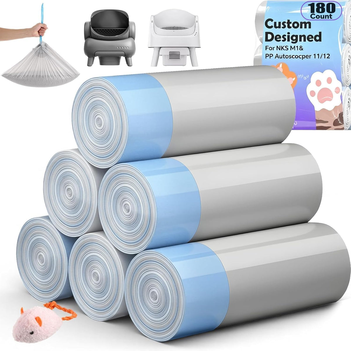 180 Count 27"x13" Cat Litter Bags Compatible with NeaksM1 & Petpivt 11/12 | Heavy Duty, Leak-Proof Liners with Easy Drawstring Handle, Designed for Open-Top Self-Cleaning Boxes