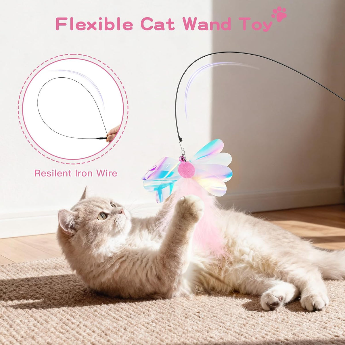 Pawaboo Cat Feather Wand Interactive Toy, 2 Feathers + 1 Wand with Bell | Cat Feather Teaser Toys Flying Catcher Extra Long 34.5" Wand Exerciser Playing Chase Cat Toy Wands for Kitten, Pink Butterfly