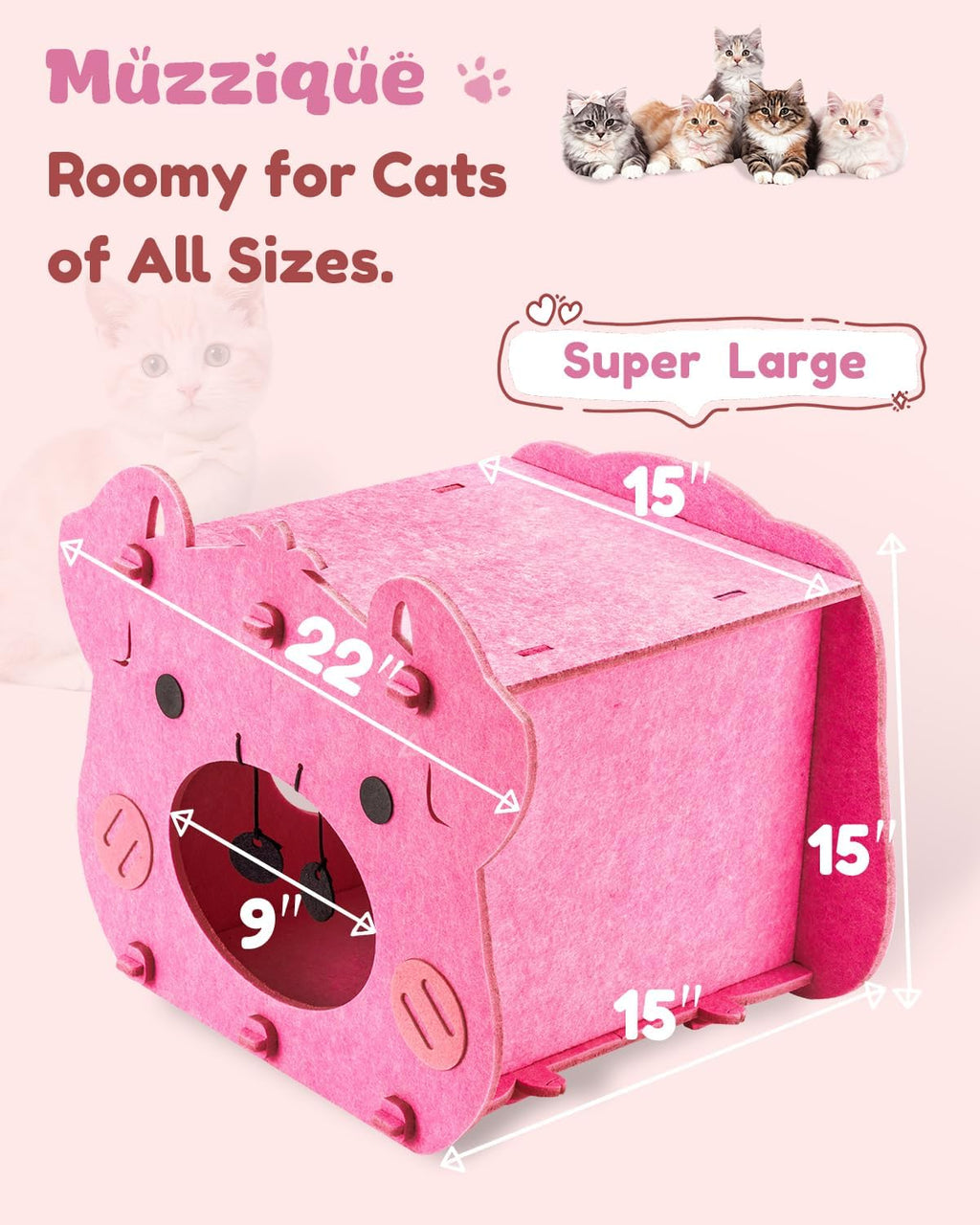 Cute Cat Bed, Pink Pig Cat House, Hideaway Cave with Perch, for Indoor Cats