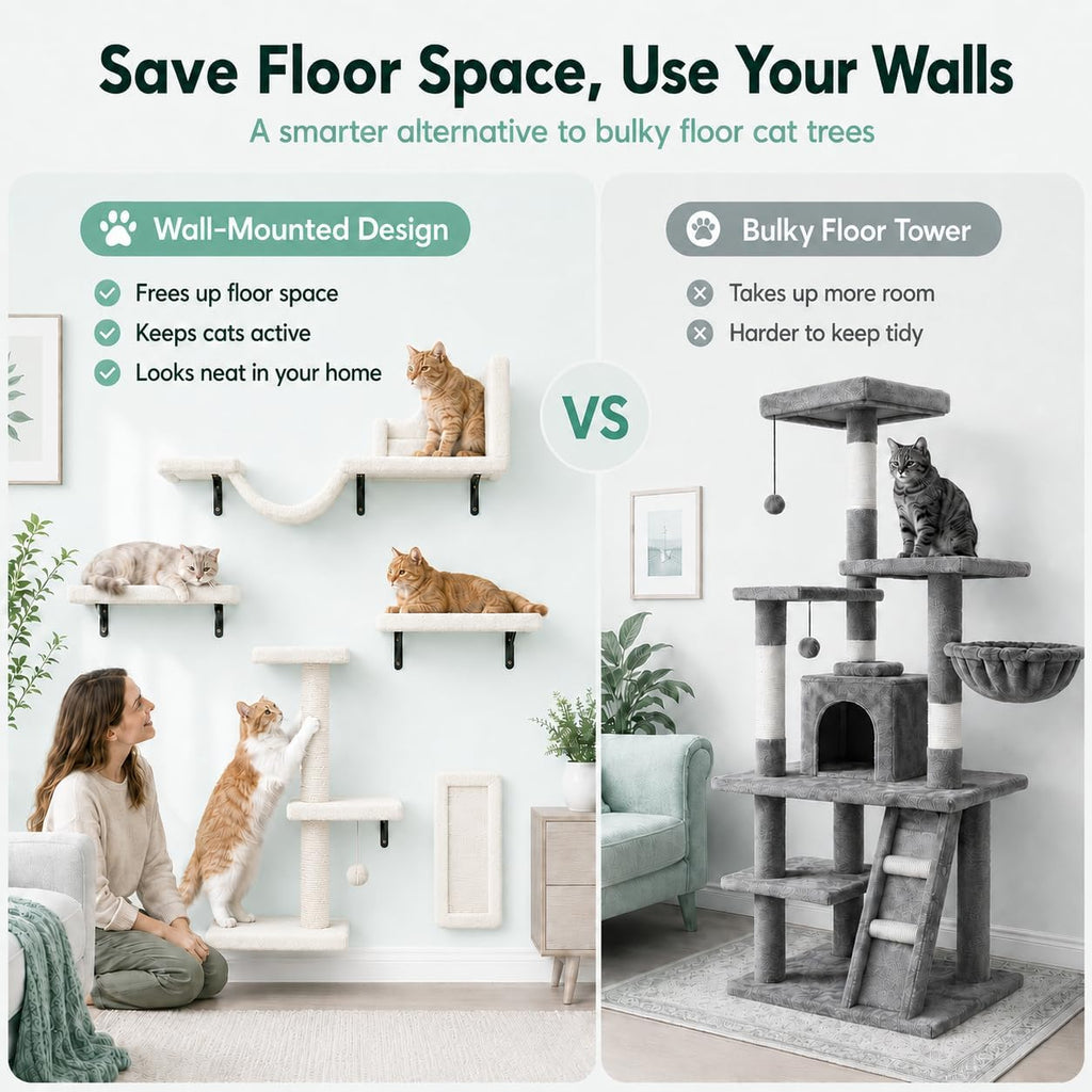 Cat Wall Shelves Set - 5 in 1 Wall-Mounted Cat Tree with Scratching Post - Perch, Condo, and Climbing Platforms - Ivory