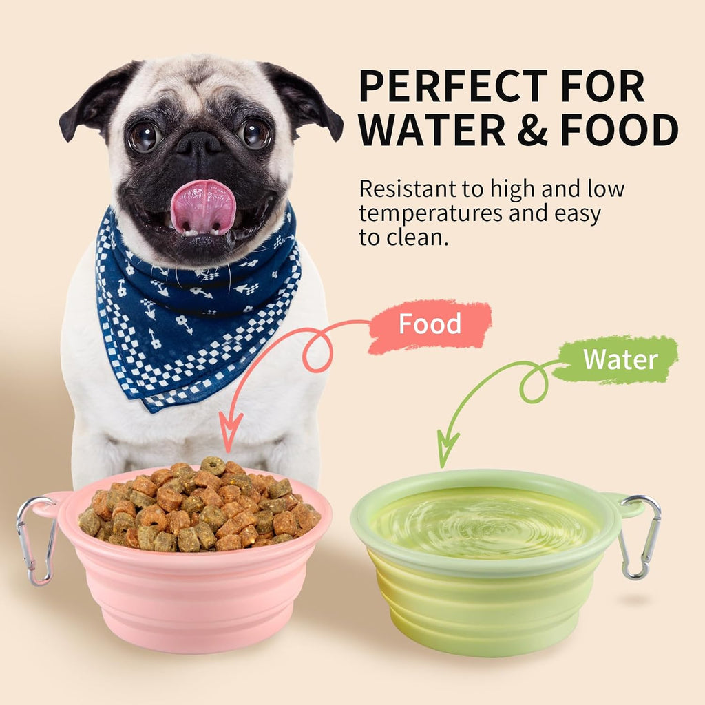 Collapsible Dog Bowls 2-Pack, Portable Travel Dog Bowl with Carabiner, Food-Grade Silicone Pet Bowl for Hiking, Walking (Macaron Pink and Green)