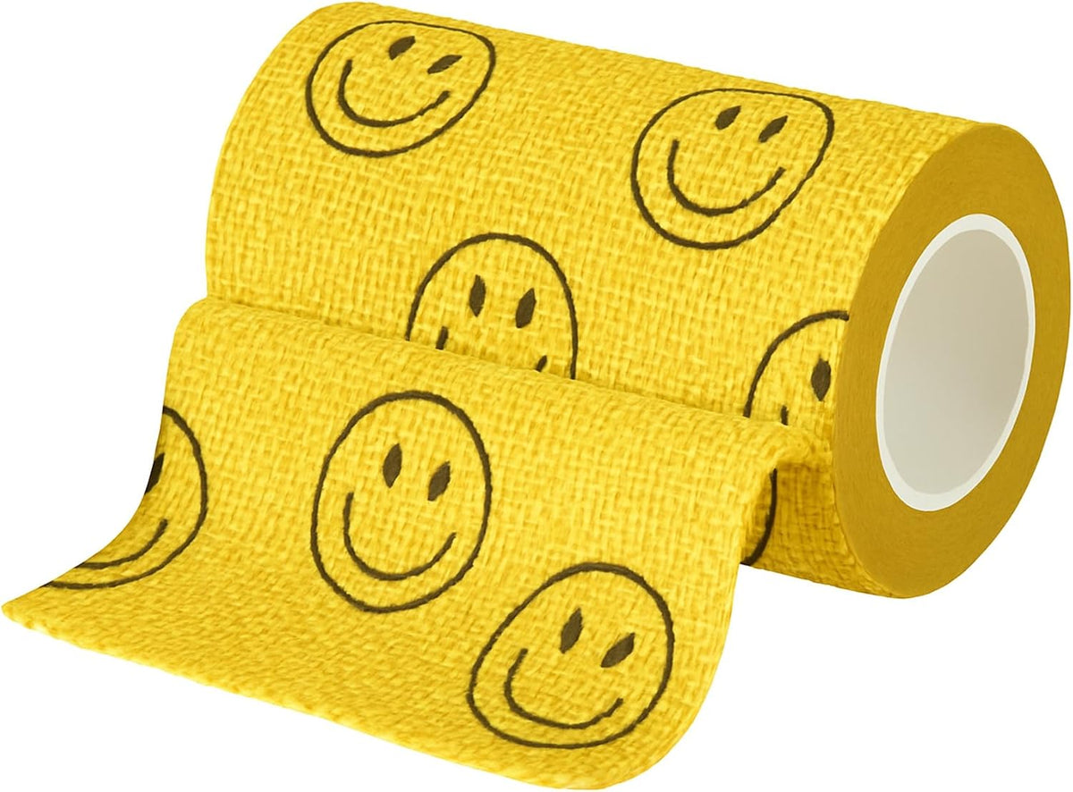 JorVet 4" x 10 Yards Cohesive Bandages | Fun Self-Adhesive Wrap for Animal Wound | Easy Tear, No Scissors Needed | Individually Wrapped Vet Tape, Secure & Flexible | Smiley Face Yellow | Pack of 12
