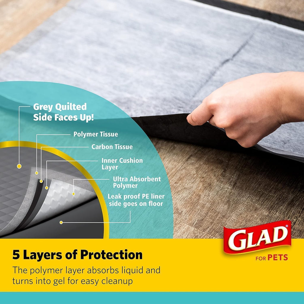 Glad for Pets Black Charcoal Puppy Pads, 17.5 x 23.5 Inch, 120 Count, 2-Pk | Super-absorbent core, disposable design, 17.5x23.5 in, potty crate and indoor training