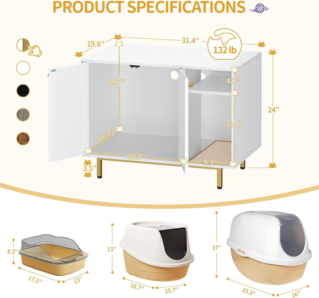 Hzuaneri Cat Litter Box Enclosure, Hidden Litter Box Furniture with Storage | Large Wooden Cabinet with Sisal Mat, Modern Cat Washroom for Living Room, Bedroom, Entryway, White and Gold 01503GCLB