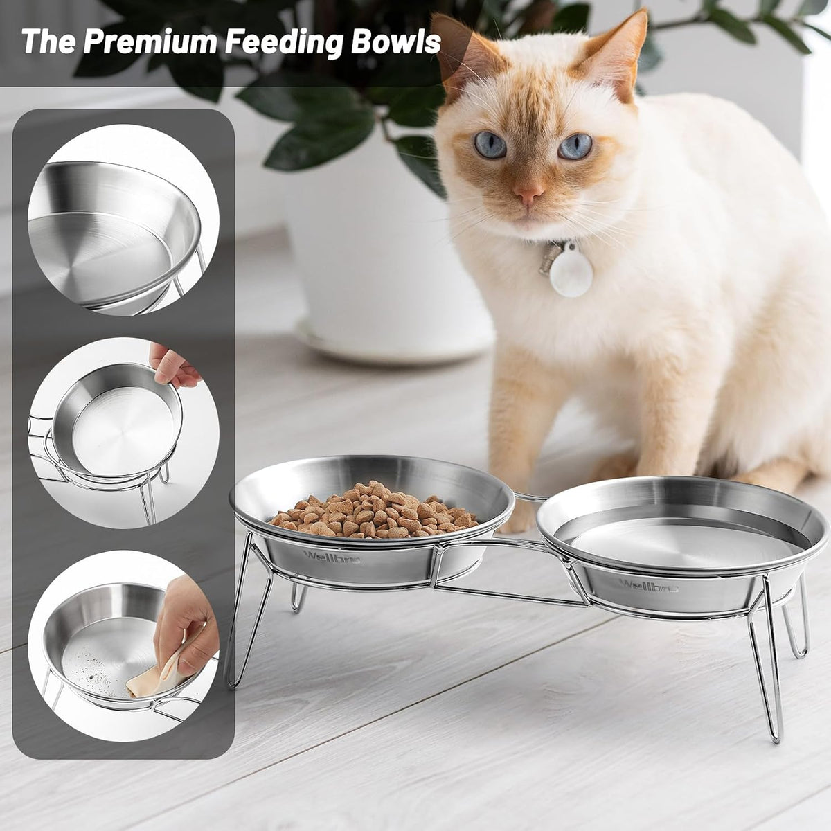 Elevated Cat Bowls, Wide Stainless Steel Cat Food Bowls with Metal Stand Whisker Stress-Free, Raised Food and Water Dish for Cats, Kitten, Puppies and Small Dogs