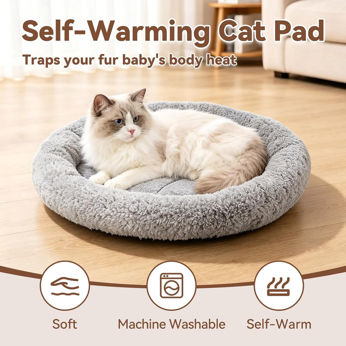 LESYPET Cat Bed for Indoor Cats, Small Pet Bed Curl Sleep Cushion with Raised Pillow Around, Non-Slip Bottom Washable Pet Beds Mat for Small Pets Rabbit Hamsters, Round Diameter 15.7"