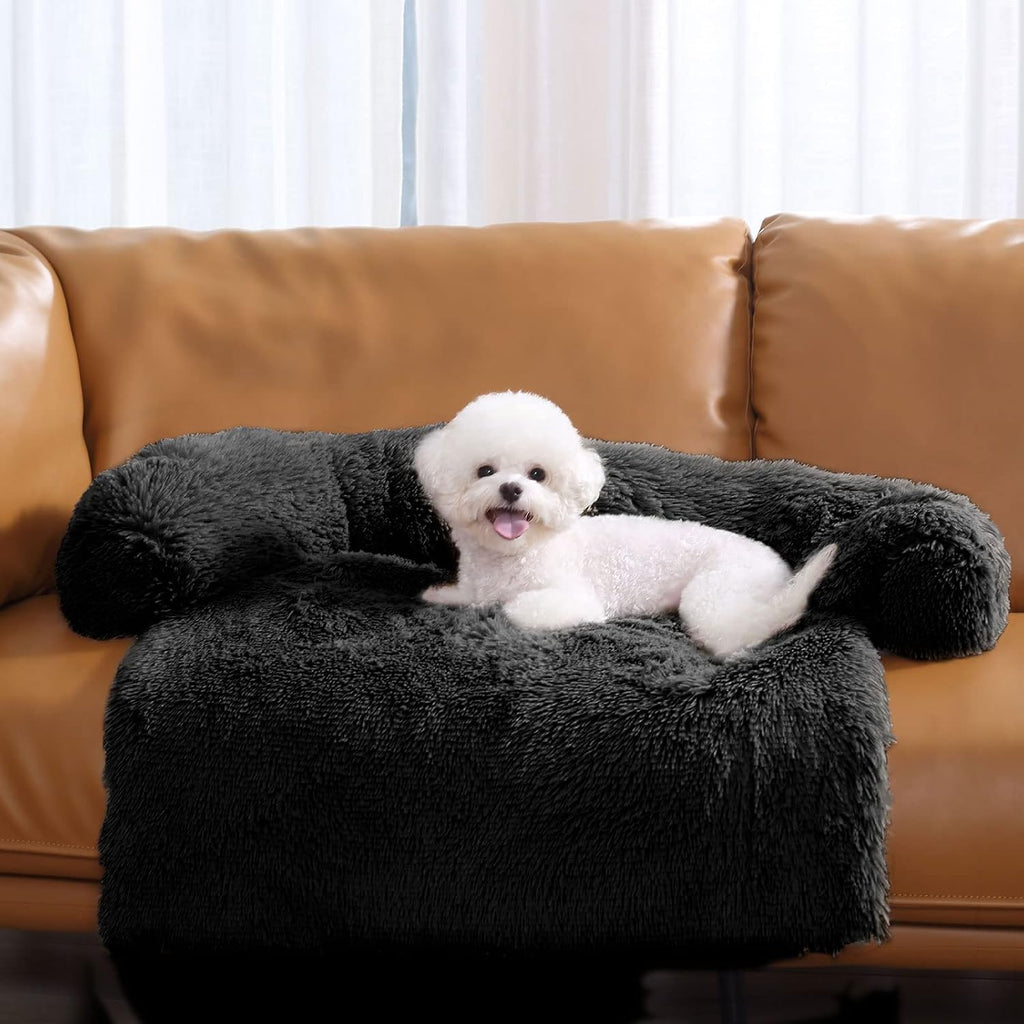 HACHIKITTY Calming Pet Sofa Bed Mat, Washable Fluffy Couch Cover for Dogs and Cats, Anti-Slip Bottom (30"x 27"x 6", Black)