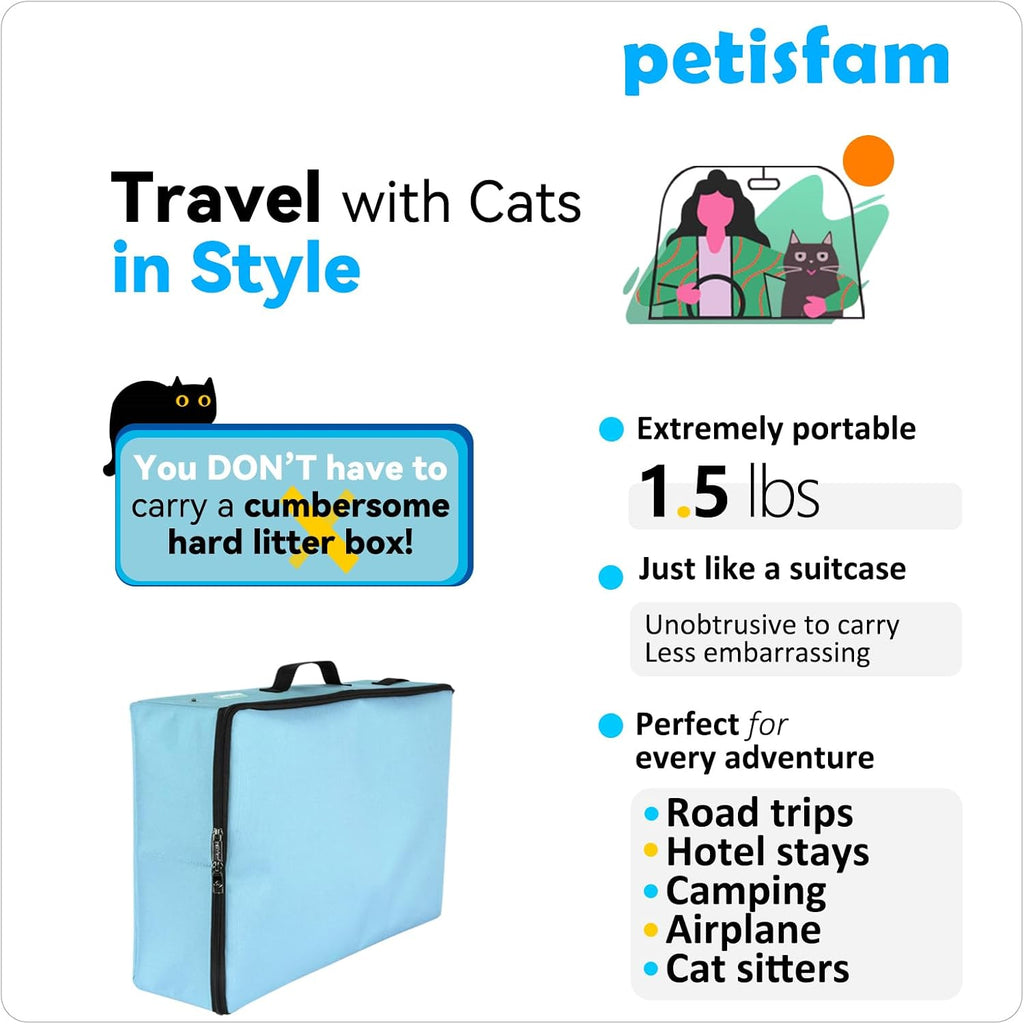 Portable Cat Travel Litter Box with Leak-Proof Zipped Lid to Keep Odor and Litter Contained. Lightweight to Carry Around (Blue, Large)