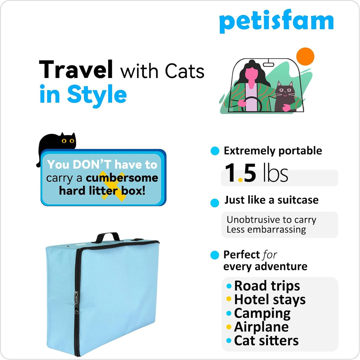 Portable Cat Travel Litter Box with Leak-Proof Zipped Lid to Keep Odor and Litter Contained. Lightweight to Carry Around (Blue, Large)