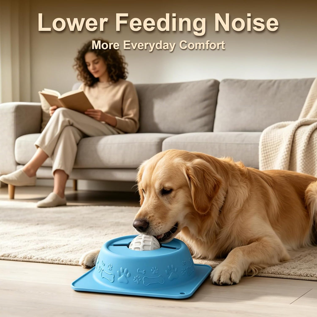 Slow Feeder Lick Bowl for Dogs and Cats, Anti-Slip Pet Water Bowl with Smooth Rolling Ball, No Spill Bowl for Water, Bone Broth, Yogurt & Pumpkin Puree, for Large Pets, Light Blue