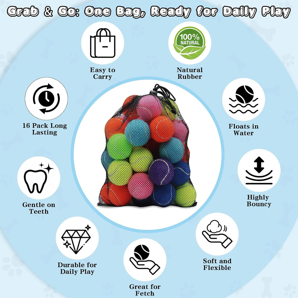 Magicorange Tennis Balls for Dogs,Colorful Easy Catching Dog Balls,16 Pack | Bright Yellow/Pink/Orange/Blue Dog Playing Balls, Easy to Spot And Fetch, with Mesh Bag for Training and Outdoor Fun