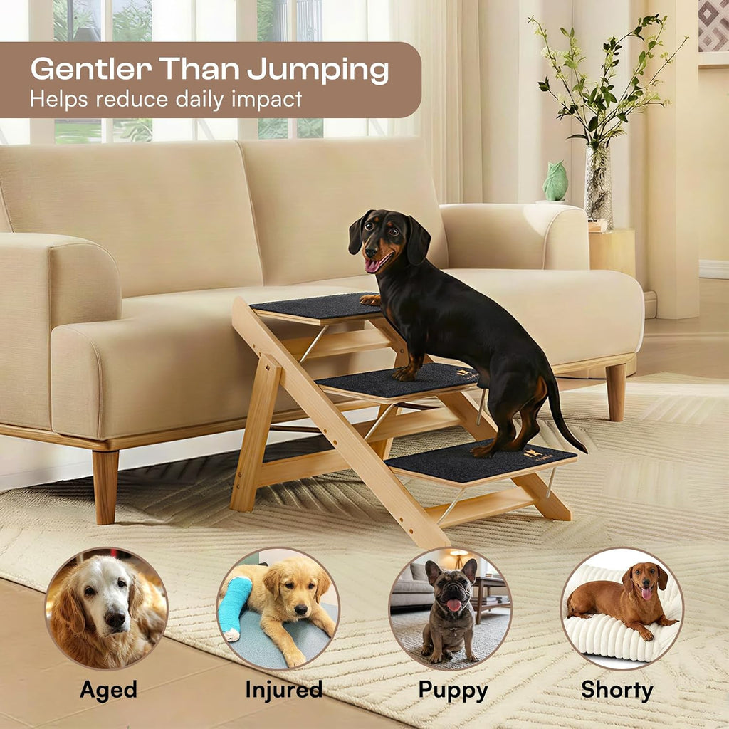 Luciphia Wooden 2-in-1 Dog Stairs, 3-Step Foldable Anti-Slip Pet Steps
