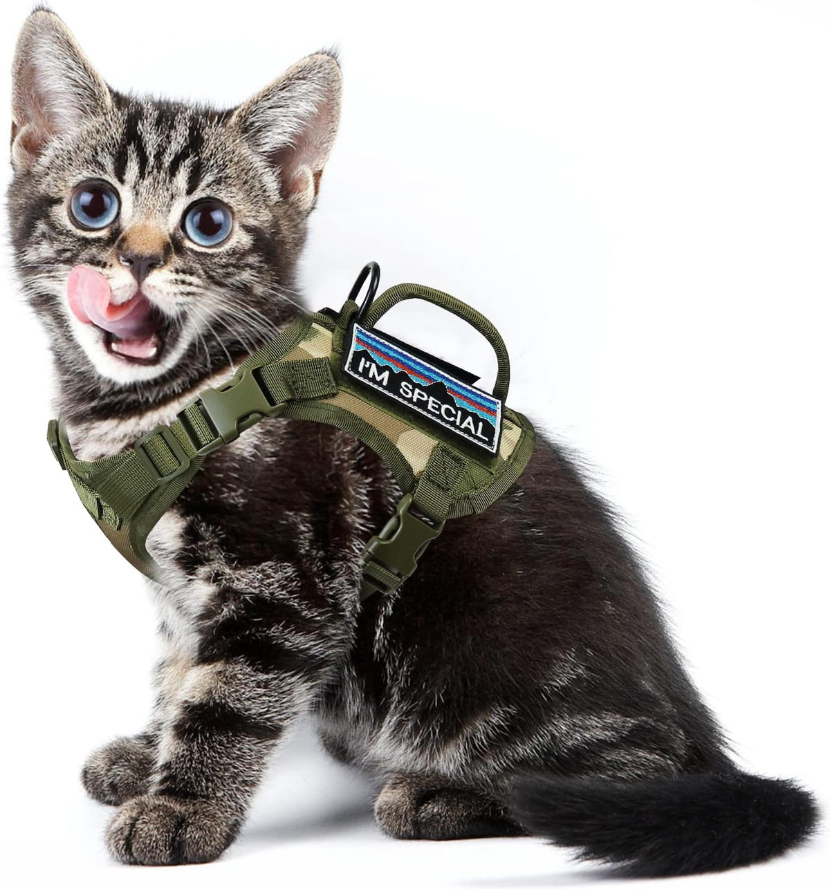 Tactical Cat Harness for Walking, Adjustable Escape-Resistant Vest with Handle and MOLLE Panels, Breathable Harness for Large Cats, Harness Only, Camo Green, L