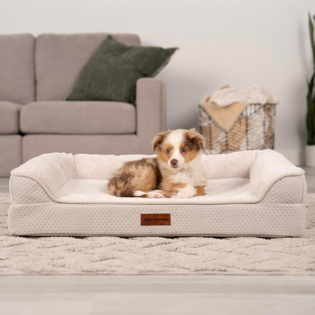 Furhaven Plush & Embossed Velvet Cooling Gel-Top Dreamer Sofa Pet Bed, Clay, Medium