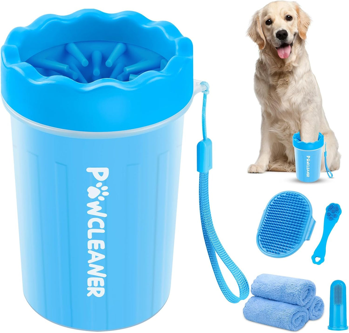 Professional 7 in 1 Dog Paw Cleaner for Dogs & Cats - Includes 1 Portable Paw Washer, 1 Bath Brush, 2 Dog Toothbrushes and 3 Absorbent Towels Note: Fits Paws 1.5 to 2.5 Inches Wide (Medium, Blue) 
