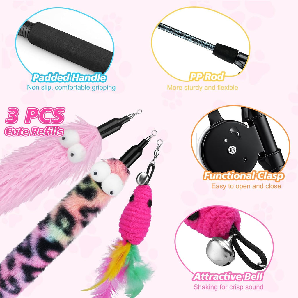 Pawaboo Cat Teaser Wand Toys, Cat Fishing Pole Toy with 3 PCS Feathers