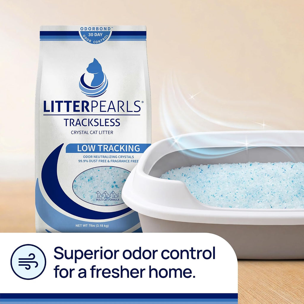 Litter Pearls Tracksless Unscented Non-Clumping Crystal Cat Litter with Odorbond, White, Clear and Blue Crystals, 7 Pound (Pack of 4)