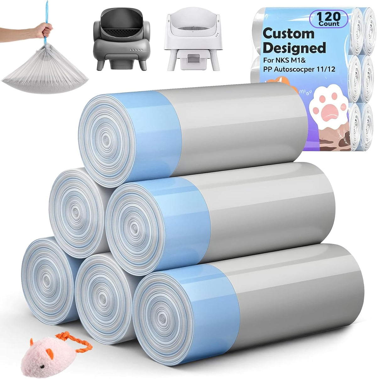 120 Count 27"x13" Cat Litter Bags Compatible with NeaksM1 & Petpivt 11/12 | Heavy Duty, Leak-Proof Liners with Easy Drawstring Handle, Designed for Open-Top Self-Cleaning Boxes