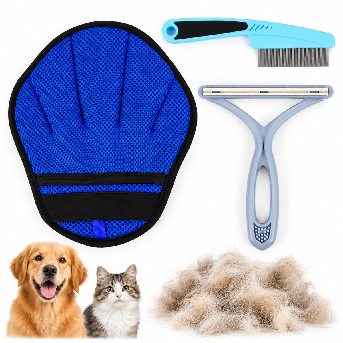 3PCS Pet Hair Removal Glove Set with Grooming Mitt, Comb & Fur Remover Tool