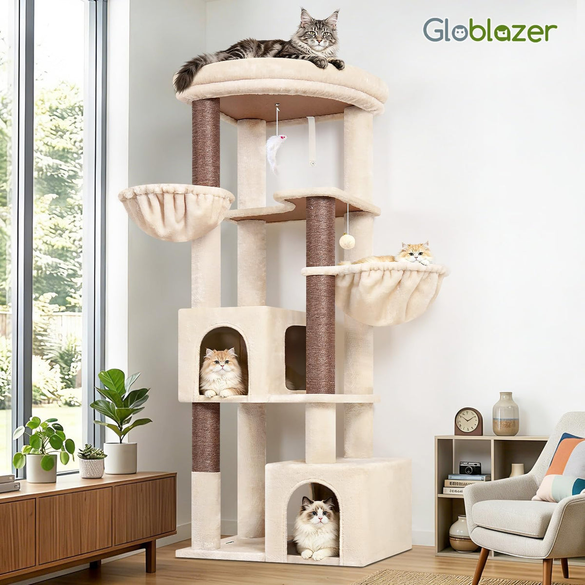 Globlazer C64 Heavy Duty Corner Cat Tree, 64in Large Cat Tower, Beige