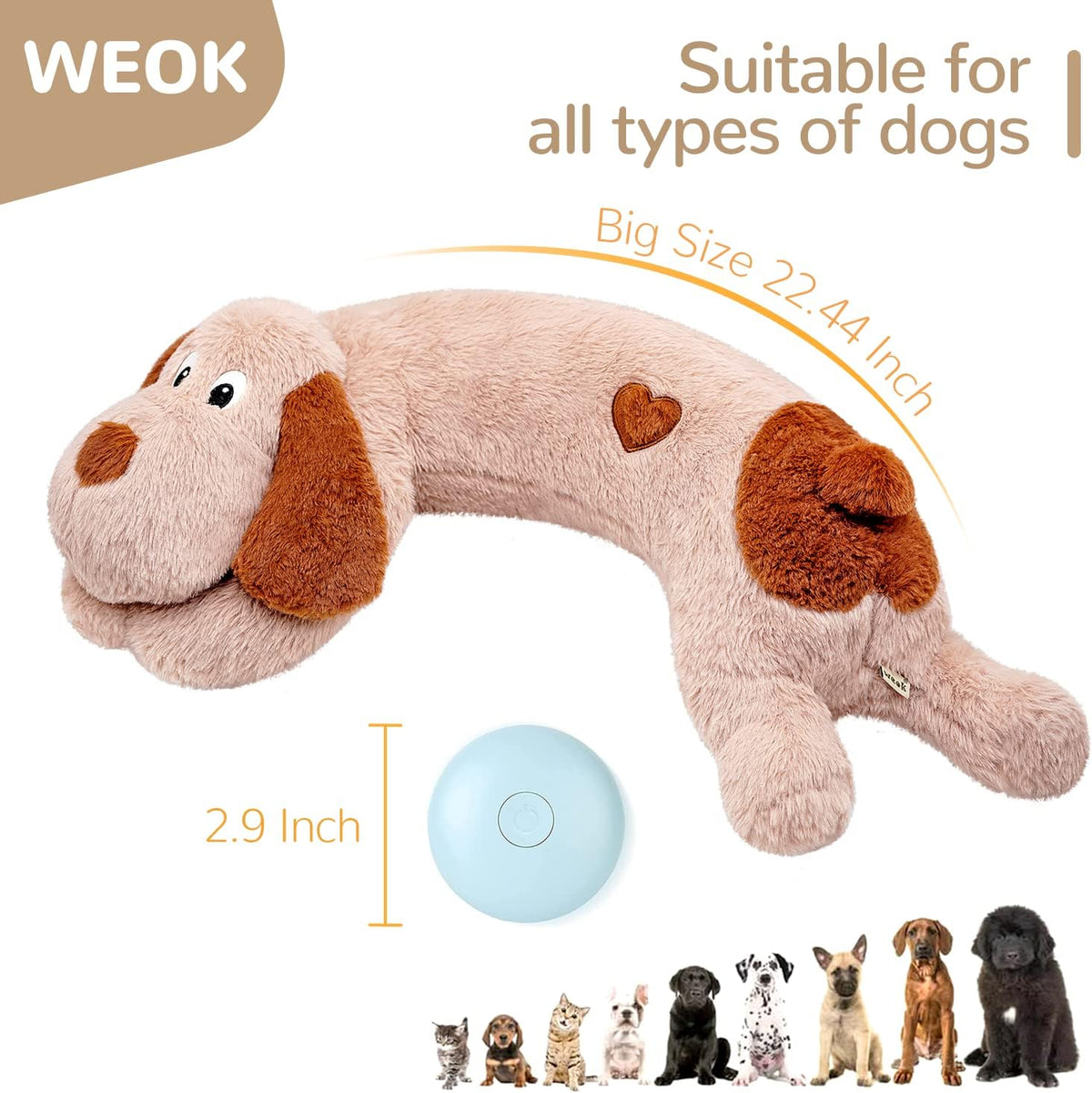 WEOK Puppy Heartbeat Toy, Dog Heartbeat Toy for Separation Anxiety Relief, Puppy Toy with Heartbeat Stuffed Animal Anxiety Calming Behavioral Aid Plush Toy for Dogs Cats Pets (Brown +)