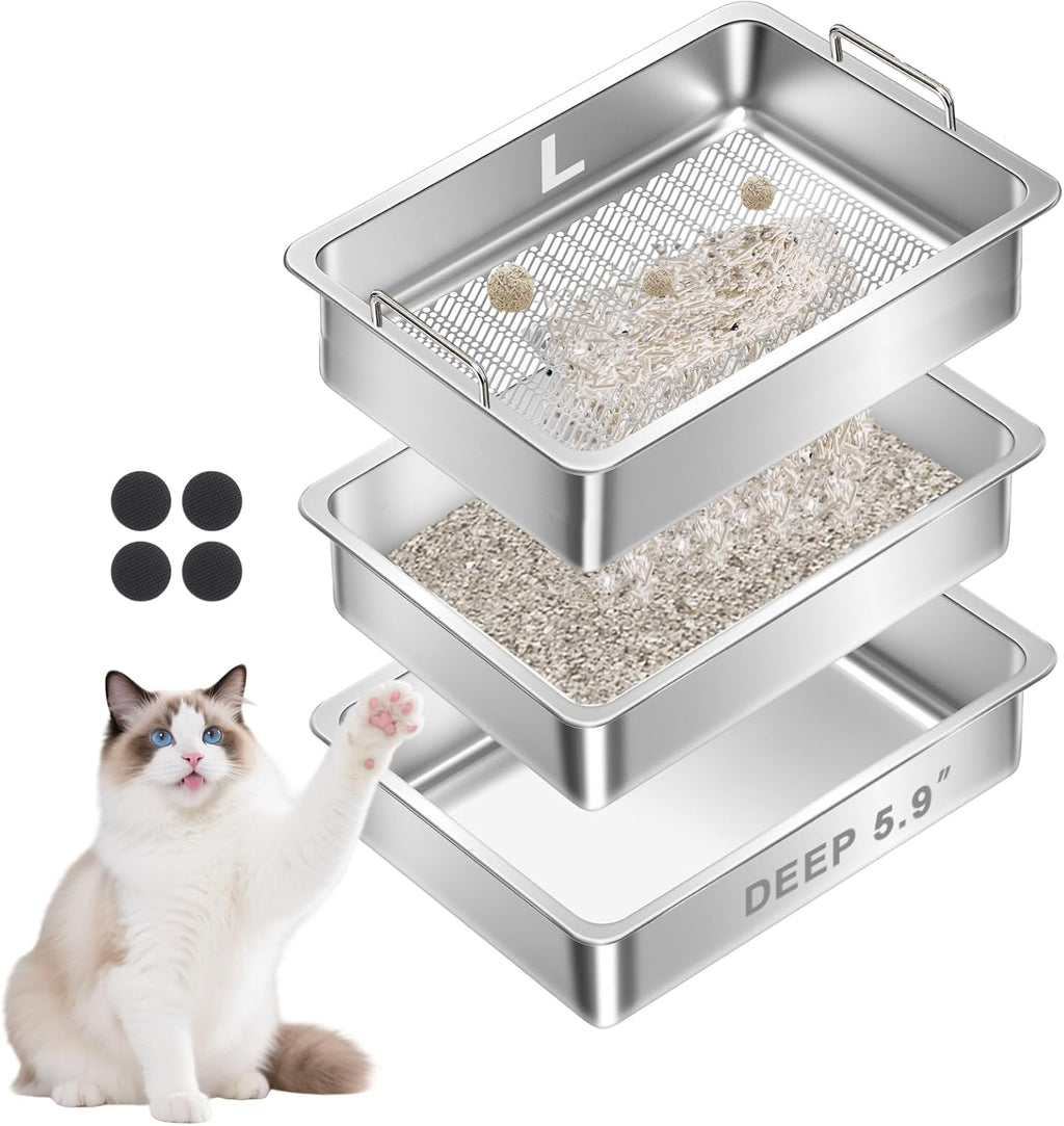 Stainless Steel Sifting Cat Litter Box for Clumping Clay Litter with High-Speed Sifting System, Large Metal Litter Box with 2 Replaceable Bottom Pans, Odor Control，Easy Clean (19.7"x13.7"x5.9")