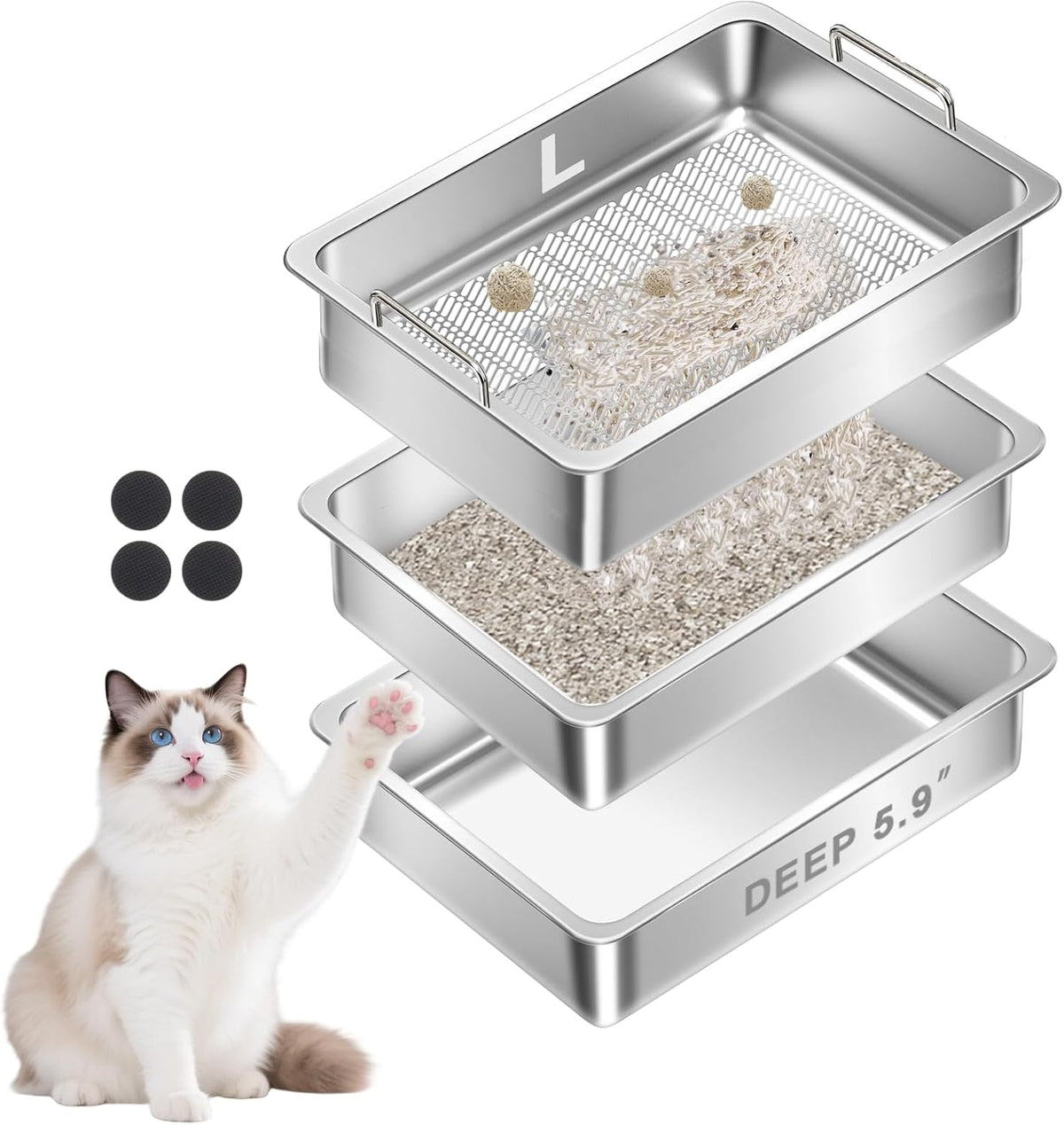 Stainless Steel Sifting Cat Litter Box for Clumping Clay Litter with High-Speed Sifting System, Large Metal Litter Box with 2 Replaceable Bottom Pans, Odor Control，Easy Clean (19.7"x13.7"x5.9")
