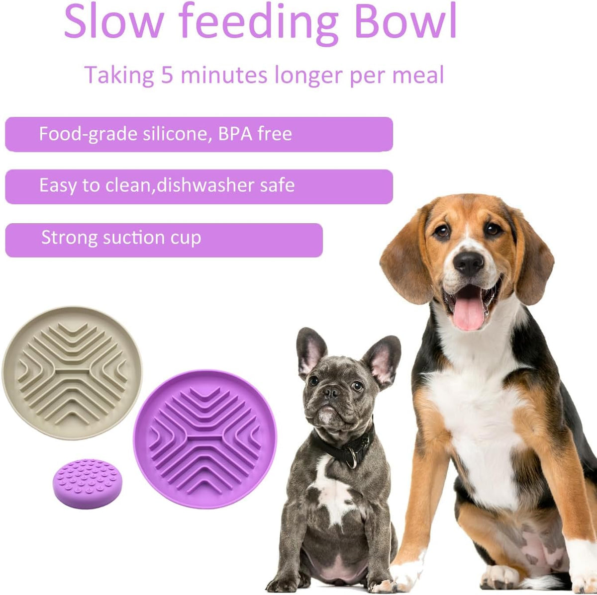 Slow Feeder Bowls for Dogs and Cats, 7.9inch Slow Down Bowl with Suction Cups, Puzzle Pet Bowls Non-Slip Design Dishwasher Microwave Safe 2PCS (Purple+Beige)