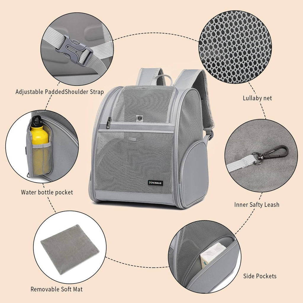 Cat Backpack Carrier for Small Dogs and Medium cat Puppy Kitten Bunny Pet Carrier Backpack Collapsible with Fully Ventilated Mesh with Safety Leash (Gray, 12.9" L x 10.62" W x 15.5" H - M)